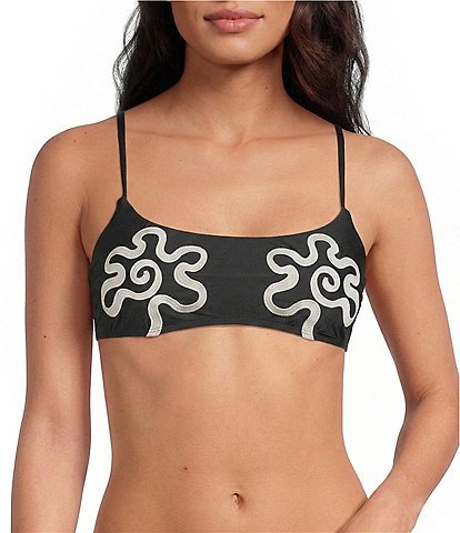Gianni Bini Embroidered Over the Shoulder Strap Bralette Swim Top & Solid Retro Hipster Swim Bottom