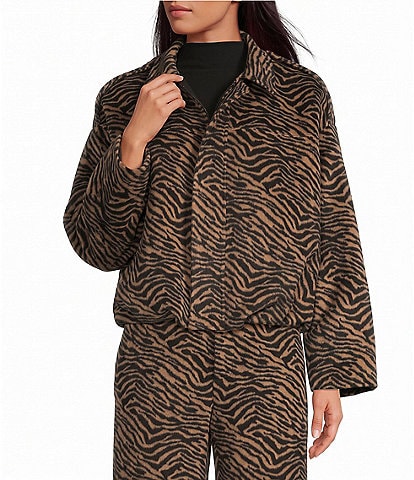 Gianni Bini Esme Tiger Printed Collared Long Sleeve Coordinating Wool Blend Bomber Jacket