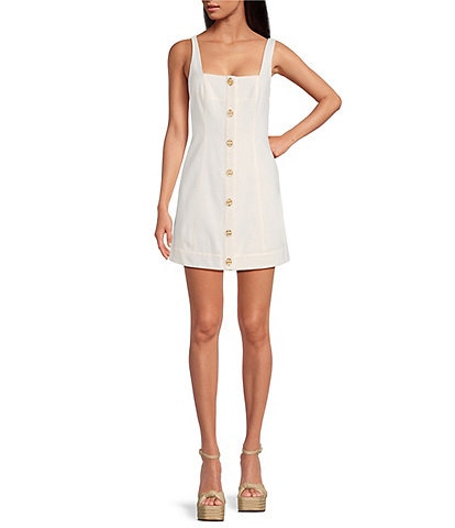 Gianni Bini Georgie Square Neck Sleeveless Button Front Linen Shift Dress
