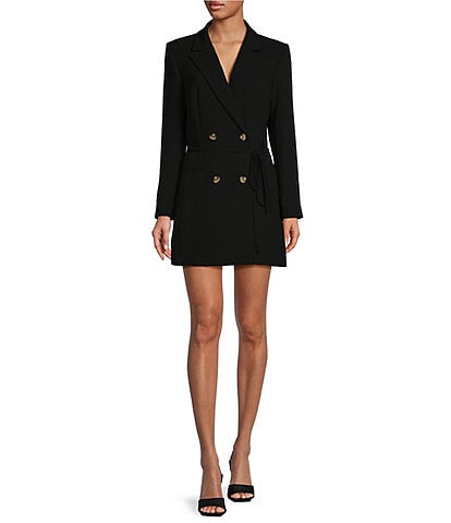 Gianni Bini Gina Notch Lapel Long Sleeve Button Front Tie Waist Blazer Wrap Mini Dress