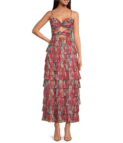 Gianni Bini Grace Plisse Floral Print Sweetheart Neck Cut-Out Tiered Dress