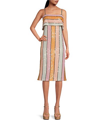 Gianni Bini Halston Multi-Colored Striped Print Sequin Midi Dress