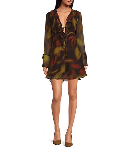 Gianni Bini Hillary Blur Chiffon Ruffle Tie Deep V-Neck Long Bell Sleeve Mini Dress