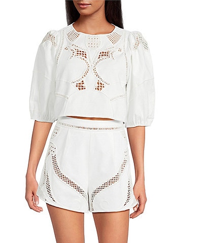Gianni Bini Hillary Embroidered Crew Neck Short Sleeve Cropped Cotton Blouse