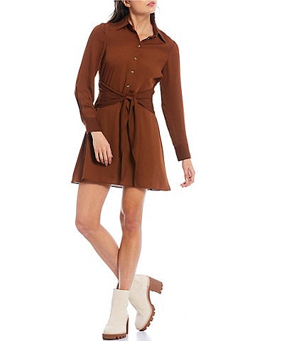 Gianni Bini Hillary Point Collar Long Sleeve Belted Button Front Shirt Dress