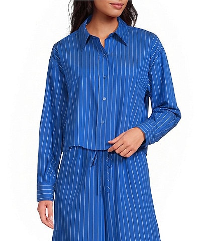 Gianni Bini Ivy Striped Collared Long Sleeve Coordinating Button Front Top
