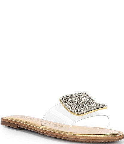 Gianni Bini Jaxx Clear Mismatched Rhinestone Ornament Flat Slide Sandals