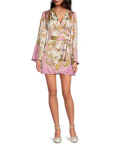 Gianni Bini Jenni Paisley Printed Satin V-Neck Long Sleeve Mini Wrap Dress