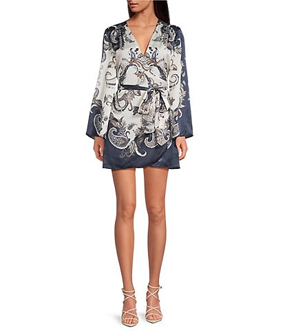 Gianni Bini Jenni Paisley Printed Satin V-Neck Long Sleeve Mini Wrap Dress