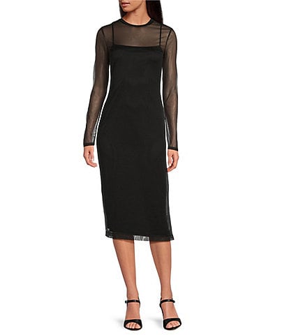 Gianni Bini Jordy Mesh Long Sleeve Crew Neck Slip Dress