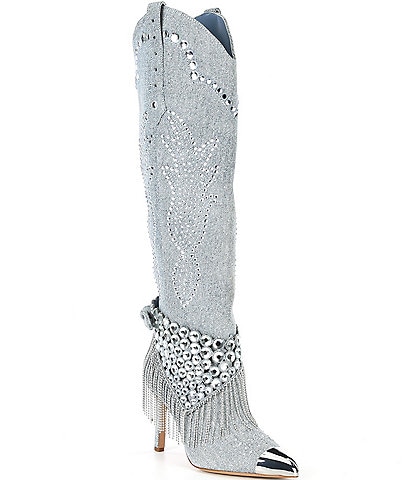 Gianni Bini Kaitrin Denim Rhinestone Embellished Bandana Over-the-Knee Boots