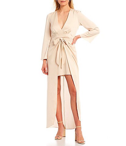 Gianni Bini Kaylee Long Sleeve Deep V-Neck Tie Waist Silk High-Low Maxi Dress