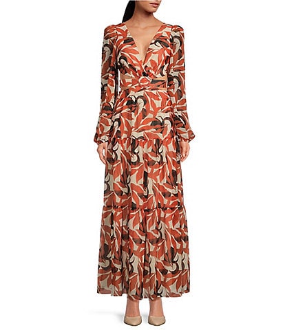 Gianni Bini Lillian Copper Palm Print Long Sleeve Deep V-Neck Cut-Out Tiered Maxi Dress
