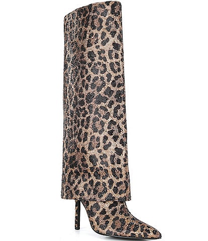 Gianni Bini Lizzie Leopard Print Rhinestone Foldover Tall Boots