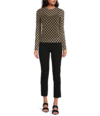 Gianni Bini Matty Mesh Checked Crew Neck Long Sleeve Top