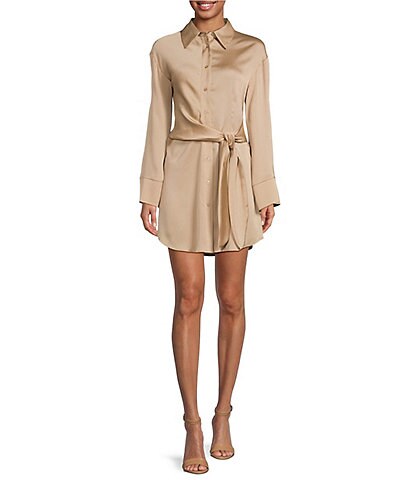 Gianni Bini Mina Pebble Crepe Button Front Collar Long Sleeve Tie Waist Shirt Dress