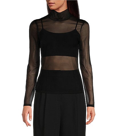 Gianni Bini Misha Mesh Long Sleeve Turtleneck Knit Top