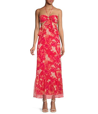 Gianni Bini Myra Floral Print Sleeveless Halter Neck Cutout Maxi Dress