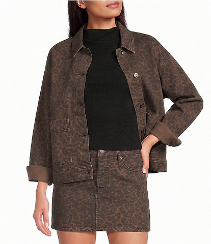 Gianni Bini Nova Leopard Print Collared Long Sleeve Denim Jacket