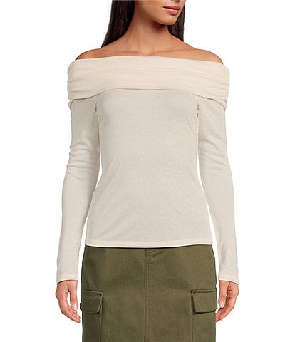 Gianni Bini Paige Knit Off-the-Shoulder Folded Neck Long Sleeve Crop Sweater Top