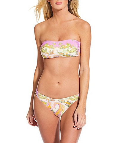 Gianni Bini Paisley Detachable Strap Bandeau Swim Top & High Leg Scoop Front Swim Bottom