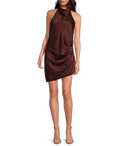 Gianni Bini Peyton Ruched Satin Cowl Halter Neck Sleeveless Open Back Detail Asymmetrical Hem Mini Sheath Dress