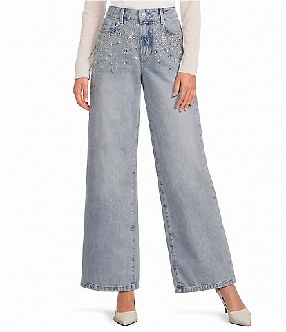 Gianni Bini Phoebe Embellished High Rise Wide Leg Denim Jeans