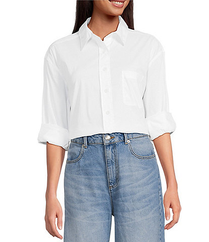 Gianni Bini Prep Cotton Blend Point Collar Long Sleeve Button Front Blouse