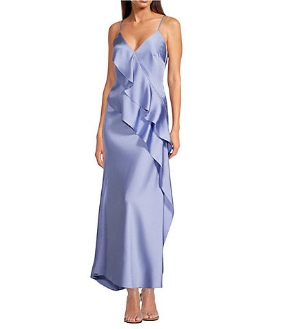 Gianni Bini Quinn Ruffle Draped V-Neck Sleeveless Satin Dress