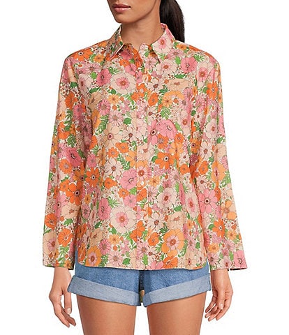 Gianni Bini Reese Floral Print Point Collar Long Sleeve Button Front Shirt