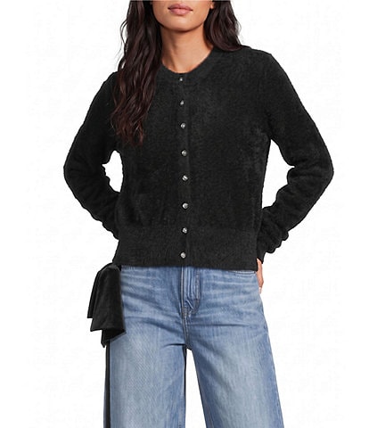Gianni Bini Round Neck Long Sleeve Button Front Fuzzy Knit Cardigan Top