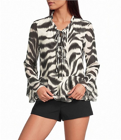 Gianni Bini Rue Zebra Printed Tie Front V-Neck Long Sleeve Chiffon Blouse