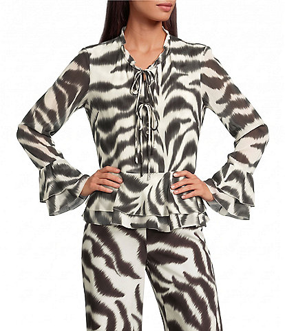 Gianni Bini Rue Zebra Printed Tie Front V-Neck Long Sleeve Chiffon Blouse