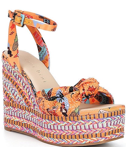 Gianni Bini Sanders Knotted Print Beaded Wedge Platform Sandals