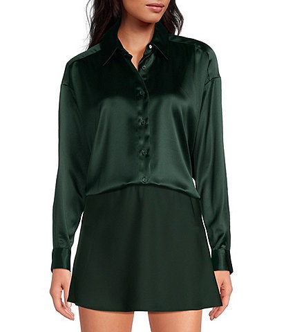 Gianni Bini Skylar Point Collar Button Front Long Sleeve Satin Blouse