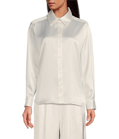 Gianni Bini Skylar Point Collar Button Front Long Sleeve Satin Blouse