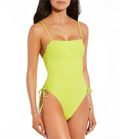Gianni Bini Solid Ruched Tie Side Square Neck Low Back Adjustable Strap One Piece Swimsuit