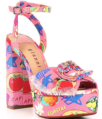Gianni Bini Tobias Printed Linen Mismatched Buckle Platform Dress Sandals