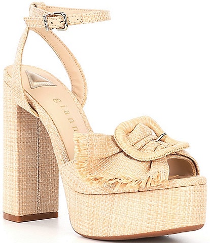 Gianni Bini Tobias Raffia Mismatched Buckle Platform Dress Sandals