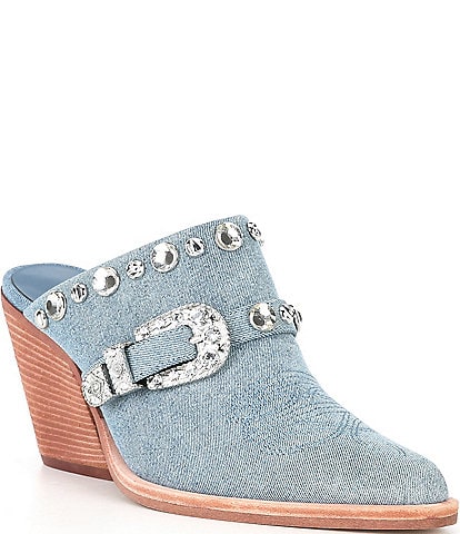 Gianni Bini Walden Western Denim Rhinestone Embellished Mules