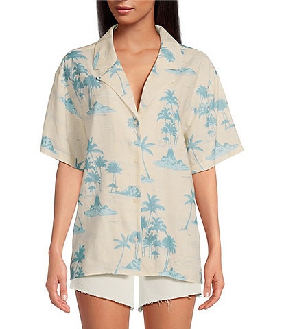 Gianni Bini x DANNIJO Margaux Palm Tree Print Woven Button Front Short Sleeve Linen Blend Blouse