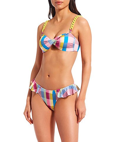 Gianni Bini x Jess Southern Garden Plaid Chain Strap Twisted Bandeau Swim Top & Ruffled Hipster Swim Bottom