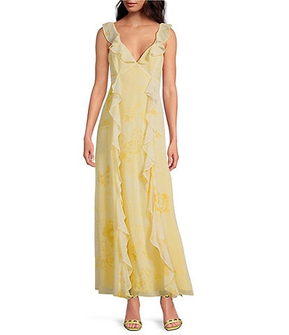 Gianni Bini x Shea Leigh Mills Anderson Floral Printed Georgette Ruffle V-Neck Sleeveless Maxi Dress