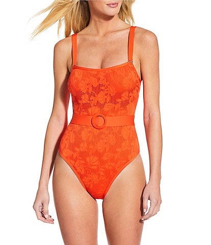 Gianni Bini x Shea Leigh Mills Spritz Lace Textured Bandeau Belted One Piece Swimsuit
