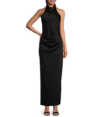 Gianni Bini Yelena Satin High Mock Neck Sleeveless Long Sheath Dress