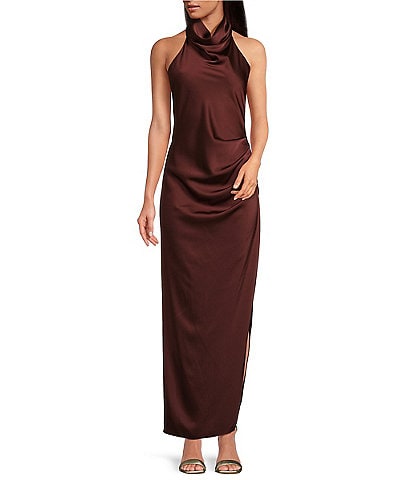 Gianni Bini Yelena Satin High Mock Neck Sleeveless Long Sheath Dress