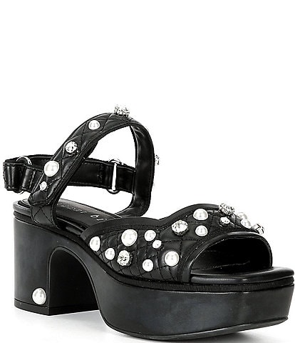 Gianni Bini Zoeyy Three Quilted Leather Pearl and Jewel Ornamented Square Toe Platform Sandals
