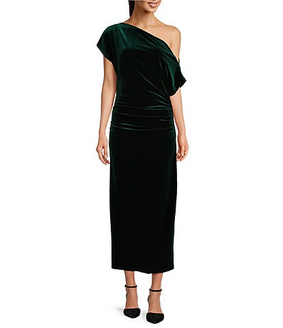 Gibson & Latimer Asymmetric One Shoulder Off-the-Shoulder Short Sleeve  Ruched Midi Knit Dress