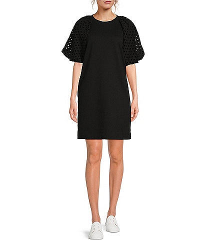 Gibson & Latimer Contrast Crew Neck Eyelet Puff Sleeve Pocketed Shift Dress