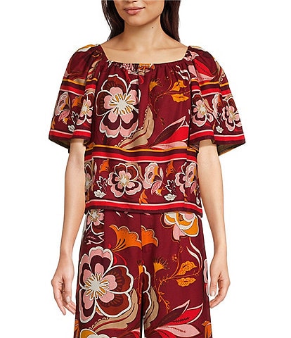 Gibson & Latimer Coordinating Floral Print Elastic Ruched Square Neck Short Puff Sleeve Top